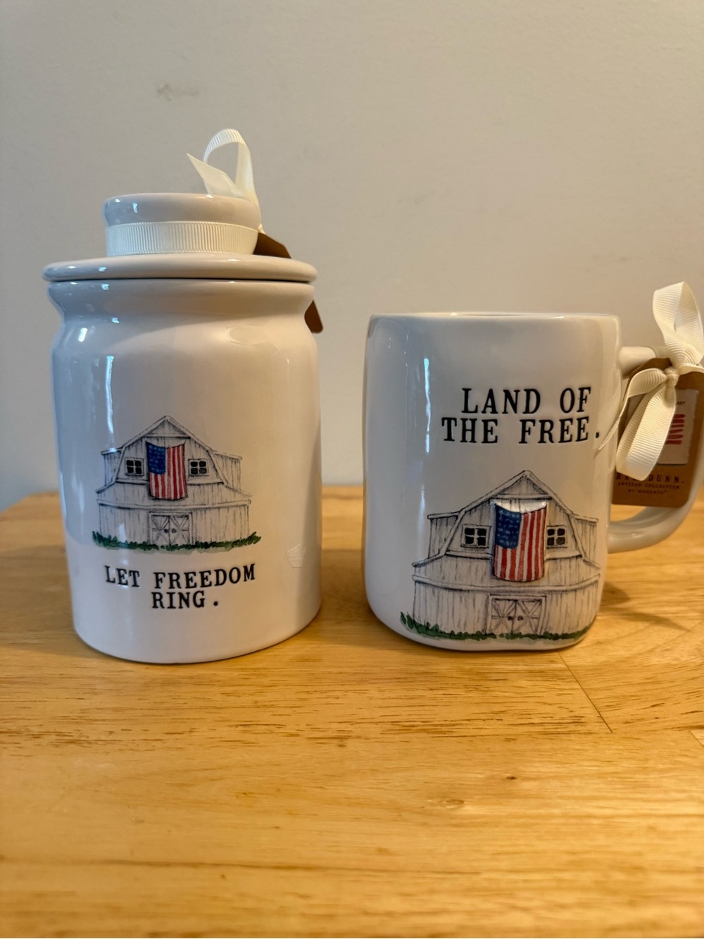 Rae Dunn Mug and Canister Set with Red and Blue Flag Barn, USA Themed